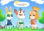  animal_crossing anthro asian_clothing blonde_hair bottomless bottomwear canid canine canis cervid clothed clothing dialogue digital_media_(artwork) domestic_dog east_asian_clothing female gammainks group hair header header_box hi_res isabelle_(animal_crossing) japanese_clothing kimono lagomorph leporid male mammal nintendo outside pencil_skirt rabbit sasha_(animal_crossing) shaded shih_tzu shino_(animal_crossing) shirt skirt text_header topwear toy_dog trio video_games 