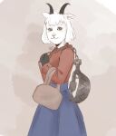  2020 2_fingers anthro artist_name bear_trap bovid brown_eyes caprine eyelashes female fingers fur goat hair hi_res holding_object holding_weapon hooves horn jajajliann looking_at_viewer mammal mature_anthro mature_female mother mother_goat my_little_goat parent purse smile solo the_wolf_and_the_seven_little_goats trap_(contrivance) weapon white_body white_fur white_hair 