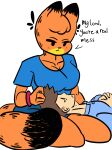  anthro crossgender domestic_cat duo english_text felid feline felis female garfield_(series) garfield_the_cat hi_res human jon_arbuckle kaizooki mammal text 