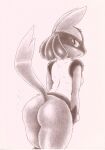  &lt;3 anthro big_butt breasts butt butt_focus butt_pose eyelashes female fullfolka fur hi_res humanoid looking_at_viewer looking_back lucario monochrome nintendo nude pok&eacute;mon pok&eacute;mon_(species) pose rear_view side_boob simple_background solo standing thick_thighs video_games 