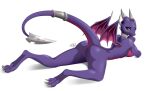  2021 activision anthro breasts claws collar cynder dragon eyebrows feet female genitals green_eyes hi_res horn looking_at_viewer looking_back looking_back_at_viewer lying membrane_(anatomy) membranous_wings metal_collar nude on_front purple_body purple_scales pussy raxel reptile scales scalie side_boob smile soles solo spyro_the_dragon video_games western_dragon wings 