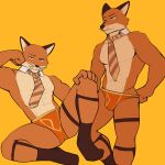  1:1 2021 abs anthro bulge canid canine clothing eyebrows fantastic_mr._fox footwear fox fur garter_straps hand_on_cheek hi_res jrjresq looking_at_viewer lying male mammal mr._fox muscular muscular_anthro muscular_male narrowed_eyes navel necktie on_back pecs simple_background smile socks solo standing tuft underwear whiskers yellow_background 