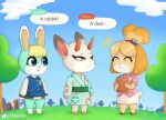  animal_crossing anthro asian_clothing blonde_hair bottomless bottomwear canid canine canis cervid clothed clothing dialogue digital_media_(artwork) domestic_dog east_asian_clothing female gammainks group hair header header_box hi_res isabelle_(animal_crossing) japanese_clothing kimono lagomorph leporid mammal nintendo outside rabbit sasha_(animal_crossing) shaded shih_tzu shino_(animal_crossing) shirt skirt text text_header topwear toy_dog trio video_games 