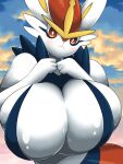  3:4 anthro big_breasts blush breasts cinderace cleavage clothed clothing female huge_breasts nintendo norio_(pheromosa_times) pok&eacute;mon pok&eacute;mon_(species) solo video_games white_body 