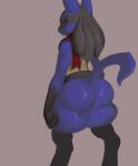  ambiguous_gender anthro big_butt black_body blue_body butt gloves_(marking) hi_res looking_back lucario markings nintendo pok&eacute;mon pok&eacute;mon_(species) rear_view red_eyes simple_background solo tenacitrus thick_thighs video_games 