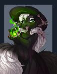  2021 5_fingers anthro black_nose breasts claws cleavage clothed clothing digital_media_(artwork) female fingers green_eyes hair hat headgear headwear hi_res jesterghastly looking_at_viewer magic mammal open_mouth smile teeth tongue white_hair 