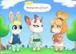  animal_crossing anthro asian_clothing blonde_hair bottomless bottomwear canid canine canis cervid clothed clothing dialogue digital_media_(artwork) domestic_dog east_asian_clothing english_text female gammainks group hair header header_box hi_res isabelle_(animal_crossing) japanese_clothing kimono lagomorph leporid mammal nintendo outside rabbit sasha_(animal_crossing) shaded shih_tzu shino_(animal_crossing) shirt skirt text text_header topwear toy_dog trio video_games 