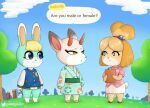  animal_crossing anthro asian_clothing blonde_hair bottomless bottomwear canid canine canis cervid clothed clothing dialogue digital_media_(artwork) domestic_dog east_asian_clothing female gammainks group hair header header_box hi_res isabelle_(animal_crossing) japanese_clothing kimono lagomorph leporid mammal nintendo outside rabbit sasha_(animal_crossing) shaded shih_tzu shino_(animal_crossing) shirt skirt text_header topwear toy_dog trio video_games 