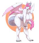  absurd_res anthro bent_over_with_legs_held_straight big_breasts big_butt breasts butt chest_tuft claws colored_nails dragon feathered_wings feathers female fur furred_dragon glistening glistening_body glistening_breasts hair hi_res huge_breasts looking_at_viewer nails neck_tuft nipples nude pink_hair slightlysimian solo standing thick_thighs toe_claws tuft waveshine whiskers wings 