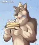  anthro blep cake canid canine canis clothing dessert digital_media_(artwork) food hat headgear headwear hi_res holding_cake holding_food holding_object ji_(jishinu) jishinu looking_at_viewer male mammal number party_hat shaded simple_background solo tongue tongue_out wolf 