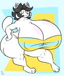  5:6 absurd_res anthro big_breasts bikini blush breasts canid canine cleavage clothed clothing felid feline female fur hair hand_on_hip hi_res huge_breasts hyper hyper_breasts kingretrokirby mammal solo swimwear tem temmie_(undertale) undertale undertale_(series) video_games white_body white_fur 