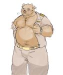  2021 anthro belly blush bottomwear brown_body clothed clothing cute_fangs hi_res humanoid_hands kemono male mammal moobs navel nipples open_clothing open_shirt open_topwear overweight overweight_male pants shirt simple_background solo suid suina sus_(pig) topwear undressing white_background whitebeast20 wild_boar 