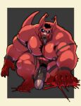  absurd_res anthro armpit_hair balls barefoot big_muscles big_penis body_hair crux cursedmarked demon feet fur genitals glowing glowing_eyes hi_res male muscular muscular_anthro muscular_male nipples nude open_mouth pecs penis pubes red_body red_fur solo tongue tongue_out wings 