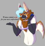  anthro canid canine chiropteran condom english_text flirting flirting_with_viewer harness hi_res hybrid male mammal maned_wolf possumgod savio(maned) sexual_barrier_device shaded smile smirk solo teasing text 