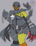  2021 4_fingers alternate_form anthro anthrofied armor avian bandai_namco beak belly big_breasts bird black_clothing black_gloves black_handwear breasts chain chica_(fnaf) chicken claws cleavage clothed clothing cosplay costume curvy_figure demon digimon digimon_(species) digital_media_(artwork) fallen_angel feathered_wings feathers female fingers five_nights_at_freddy&#039;s food front_view fully_clothed galliform gallus_(genus) gloves handwear headgear ladydevimon mask non-mammal_breasts orange_beak overweight overweight_anthro overweight_female phasianid red_claws signature smile solo thevgbear thick_thighs video_games voluptuous wide_hips wings yellow_body yellow_feathers 