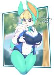  2021 animal_crossing anthro big_breasts blonde_hair breasts cleavage clothed clothing crossgender dialogue digital_media_(artwork) english_text female hair hi_res jacket lagomorph leporid letterman_jacket mammal mtf_crossgender navel nintendo rabbit rainbowscreen sasha_(animal_crossing) solo text topwear underwear video_games 