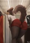  2021 anthro beastars butt butt_focus canid canine canis clothed clothing detailed_background digital_media_(artwork) eyebrows eyelashes female foxovh fur hi_res inside juno_(beastars) looking_at_viewer mammal open_mouth raised_tail rear_view shaded solo wig wolf 