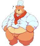  2021 anthro bear&#039;s_restaurant belly black_nose brown_body chef_hat chef_uniform clothing eyes_closed hat headgear headwear hi_res kemono male mammal navel overweight overweight_male simple_background solo suishou0602 ursid video_games white_background 