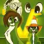  1:1 agushai brown_eyes brown_hair canid canine canis colorful colorful_background derp_eyes dire_wolf fangs fur green_body green_fur hair hi_res male mammal merky_(ponytown) solo traffic_cone 