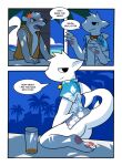  anthro beverage butt clothed clothing collar comic duo english_text fish fur hacony hi_res lutrine male mammal marine mustelid shark shirt text topwear whisker_spots white_body white_fur 