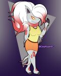  absurd_res anthro bottomwear canid canine carolina_(ginemarettipg) claws clothing fan_character female fur ginemarettipg hair hi_res hisuian_zoroark mammal miniskirt nintendo orange_bottomwear orange_clothing orange_skirt pok&eacute;mon pok&eacute;mon_(species) pokemon_legends_arceus red_body red_fur regional_form_(pok&eacute;mon) shirt simple_background skirt solo topwear video_games white_body white_fur yellow_clothing yellow_eyes yellow_shirt yellow_topwear 