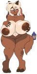  anthro areola big_breasts blush bottle bovid breasts brown_body brown_fur brown_nipples caprine curvy_figure eyebrow_through_hair eyebrows female fur glistening glistening_body goat hair hooves horn huge_breasts long_ears looking_at_viewer mammal nipples nude oil red_eyes rubbing simple_background sitting skidd smile solo tessa_(skidd) thick_thighs translucent translucent_hair voluptuous white_background white_hair wide_hips 