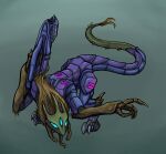  2021 3_eyes ambiguous_gender armor blue_eyes claws digital_media_(artwork) forked_tail gun hi_res holding_object holding_weapon mandibles multi_eye open_mouth quills ranged_weapon simple_background sixoftwelve solo space_station_13 talons tongue tongue_out unusual_anatomy unusual_tail vox_(space_station_13) weapon 