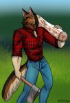  4322chan anthro axe brown_body brown_fur canid canine canis clothed clothing domestic_dog fully fur german_shepherd herding_dog hi_res log looking_back lumberjack lumberjack_position male mammal melee_weapon orange_eyes pastoral_dog smile solo weapon wood 