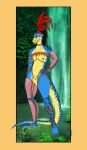  absurd_res anthro digital_media_(artwork) dinosaur dracokaito dracokaitonsfw fantasy feathers female forest full-length_portrait hadrosaurid hi_res humanoid maiasaura muscular ornithischian plant portrait primal proud reptile scalie scar sketch solo tree tribal tropical warrior 
