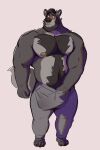  absurd_res beard belly big_arms big_chest blush body_hair bulge canid canine canis chest_hair embarrassed facial_hair hairy hand_in_pants happy_trail hi_res male mammal musclegut muscular nipples paws pecs public solo sweatpants tcw wolf 