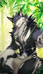  abs absurd_res anthro bulge canid canine canis clothing forest forest_background fur hi_res male mammal midnight_blue muscular muscular_anthro muscular_male nature nature_background plant scar solo tanga tree underwear were werecanid werecanine werewolf wolf 