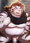  2021 akaebi_777 anthro belly blue_eyes blush eyewear felid genitals glasses hi_res humanoid_genitalia humanoid_hands humanoid_penis kemono licho_(tas) lifewonders male mammal moobs nipples overweight overweight_male pantherine penis sitting solo tiger tokyo_afterschool_summoners video_games 