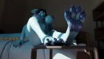  3d_(artwork) animated anthro bed blue_body blue_scales breasts claws digital_media_(artwork) dragon feet female foot_focus furniture haavex haavex_(artist) nipples pawpads paws presenting scales short_playtime solo 