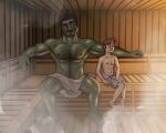  armpit_hair artmelon5 balls blush body_hair duo embarrassed genitals green_body green_skin hi_res human humanoid male male/male mammal muscular orc sauna sitting steam suggestive_look towel towel_only wearing_towel 