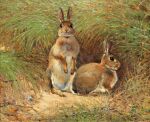  1925 20th_century absurd_res ambiguous_gender ancient_furry_art beady_eyes brown_body brown_fur dated detailed_background duo english_text feral fur grass hi_res lagomorph leporid long_ears mammal no_sclera nude oil_painting_(artwork) on_hind_legs outside painting_(artwork) plant public_domain quadruped rabbit realistic signature text traditional_media_(artwork) victor_stoetzner-lund 