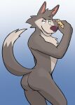  2021 anthro blue_background butt canid canine canis chip_the_wolf cookie cookie_crisp food fur general_mills gradient_background hi_res holding_food holding_object jrjresq male mammal mascot narrowed_eyes nude simple_background smile solo standing tuft white_background wolf 