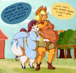  2021 5_fingers absurd_res anthro applejack_(mlp) belly belly_overhang big_belly big_butt blush butt clothed clothing cutie_mark dialogue digital_media_(artwork) duo english_text equid equine female fingers footwear friendship_is_magic green_eyes hasbro hat headgear headwear hi_res horn huge_butt huge_hips huge_thighs mammal my_little_pony navel obese obese_anthro obese_female outside overweight overweight_anthro overweight_female plant rarity_(mlp) sirmasterdufel socks text thick_thighs tree unicorn wide_hips 