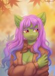  abstract_background anthro breasts bust_portrait cleavage clothed clothing coat crossed_arms digital_media_(artwork) earth_pony equid equine female fluffy_ears fur green_body green_fur hair hasbro hi_res horse leaf looking_aside mammal margony my_little_pony pony portrait purple_hair shaded slight_smile solo topwear 