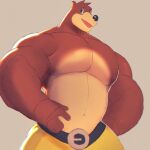 1:1 2021 absurd_res anthro banjo-kazooie banjo_(banjo-kazooie) belt big_muscles bottomwear clothed clothing fur grey_background hi_res looking_at_viewer male mammal musclegut muscular muscular_anthro muscular_male open_mouth open_smile pants pecs rareware simple_background smile solo tkckid topless topless_male tuft ursid video_games 