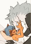  anthro bed blue_hair brand_new_animal canid canine canis chest_tuft duo embrace female furniture hair holding_head hug licking lying male male/female mammal michiru_kagemori on_back one_eye_closed open_mouth raccoon_dog resting shirou_ogami size_difference studio_trigger tanuki tongue tongue_out tuft wolf yaneko_002 