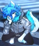  2021 angiewolf anthro black_bottomwear black_clothing black_pants blue_body blue_fur bottomwear canid canine canis clothing fur hand_on_cheek hi_res hoodie male mammal one_eye_closed pants smile solo topwear white_body white_fur wolf 