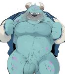  anthro balls blue_body blue_fur blush bottomless clothed clothing disney fur genitals horn hyaku_(artist) male monster monsters_inc musclegut muscular muscular_anthro muscular_male pecs penis pixar simple_background solo sulley topwear white_background 
