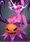  anthro areola areola_slip big_breasts breasts chrysalisdraws cleavage clothed clothing equestria_girls equid equine eyebrows eyelashes female friendship_is_magic hair hi_res holding_object horn jack-o&#039;-lantern long_hair mammal midnight_sparkle_(eg) my_little_pony pupils purple_eyes slit_pupils smile smiling_at_viewer solo twilight_sparkle_(mlp) winged_unicorn wings 