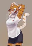  absurd_res anthro azuki_merun11 blue_eyes bodily_fluids breath cheek_tuft chest_tuft clothed clothing facial_tuft felid female fur gloves_(marking) grey_background hands_behind_head hi_res kemono mammal markings okura_(azuki_merun11) orange_body orange_fur pantherine panting school_uniform shirt signature simple_background solo sportswear standing stripes sweat t-shirt tiger topwear translucent translucent_clothing tuft uniform whiskers white_body white_fur 