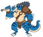  absurd_res anthro blue_body bottomwear clothing club_(weapon) darknaigart dragon hi_res horn loincloth male melee_weapon muscular muscular_anthro muscular_male scalie shoulder_pads simple_background solo weapon white_background 