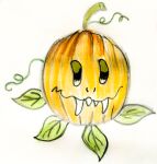  fangs food fruit hi_res leaf plant pumpkin selinatc simple_background smile traditional_media_(artwork) 