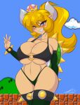  2021 alternate_species animal_humanoid big_breasts bikini blonde_hair blue_eyes blush bowser bowsette_meme breast_squish breasts cleavage cleavage_overflow clothed clothing crown curvy_figure detailed_background digital_media_(artwork) female fingers hair hi_res horn horned_humanoid humanoid humanoid_pointy_ears koopa koopa_humanoid long_hair looking_at_viewer mario_bros mastergodai meme navel nintendo not_furry ponytail scalie scalie_humanoid sharp_teeth shell signature skimpy smile solo squish standing super_crown swimwear tan_body tan_skin teeth thick_thighs under_boob video_games voluptuous wide_hips 