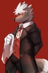  2021 absurd_res anthro asleepchef black_nose canid canine canis clothed clothing digital_drawing_(artwork) digital_media_(artwork) domestic_dog fully_clothed fur grey_body grey_fur hi_res lifewonders looking_down male mammal necktie red_background red_body red_eyes red_fur shirt simple_background solo standing suit tadatomo tokyo_afterschool_summoners topwear video_games white_body white_fur yellow_sclera 