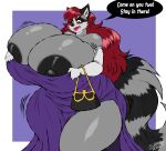  absurd_res anthro areola big_breasts breasts cleavage clothed clothing dialogue dress female fur grey_body grey_fur hair hi_res huge_breasts hyper hyper_breasts mammal nipples procyonid raccoon red_hair solo superix thick_thighs 
