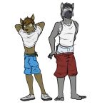  1:1 anthro barefoot bottomwear canid canine clothed clothing clothing_lift duo feet fuze hi_res looking_at_viewer luis_(fuze) male mammal midriff pants_down partially_clothed shirt shirt_lift shorts simple_background sketch t-shirt tank_top topwear underwear undressing warren_(fuze) white_background 